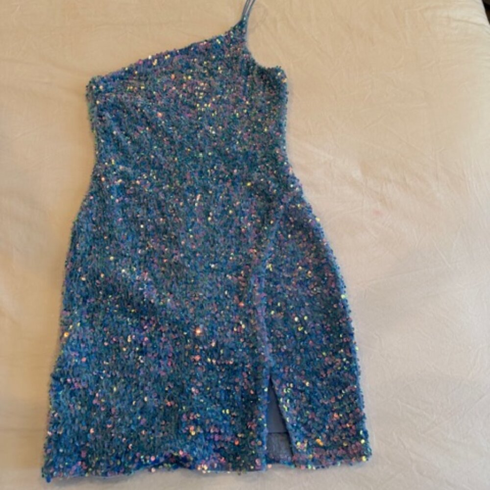 Stunning Blue Sequin one-shoulder mini-dress